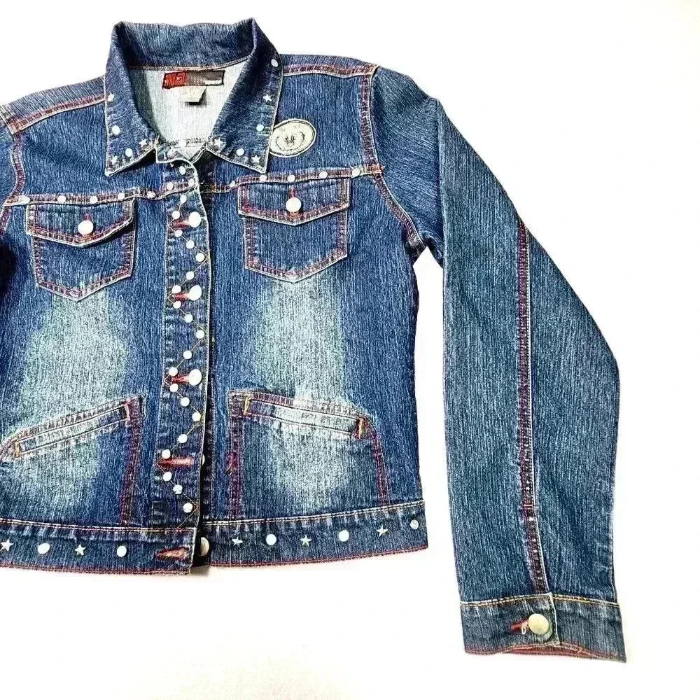 NEESO London Women's Jean Jacket L Metal Studs Patches Red New York Retro Y2K - Picture 16 of 16